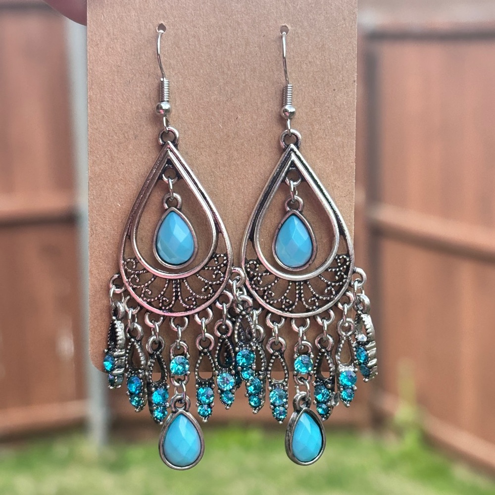 Turquoise Teardrop Chandelier Earrings - Boho Women Jewelry